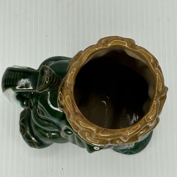 Good Luck Forest green Trunk Up Elephant With beige Coin Basket Planter 5” - Picture 5 of 9